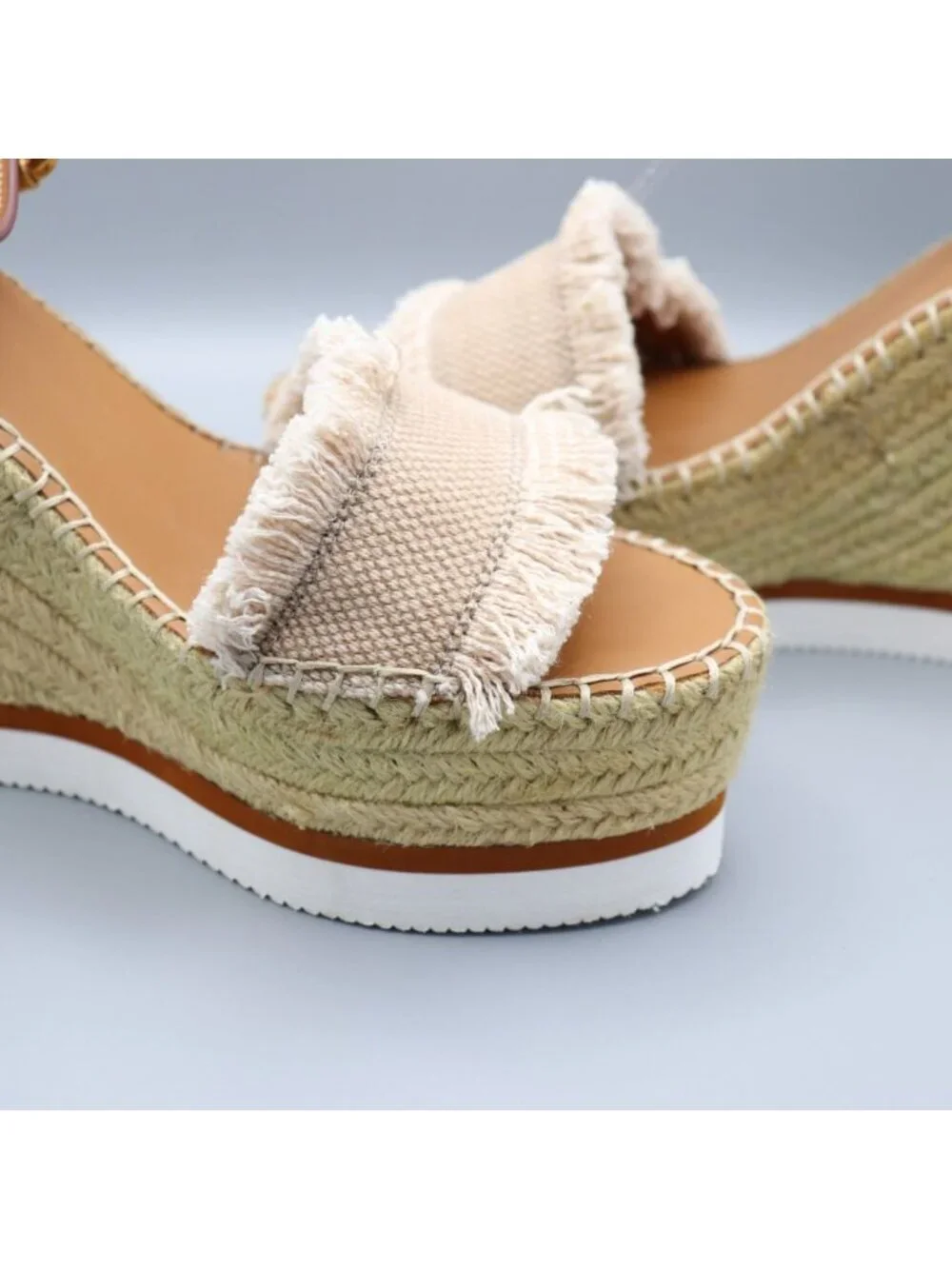 See By Chloé Glyn Frayed Canvas & Leather Espadrille Wedges 39 / US 9